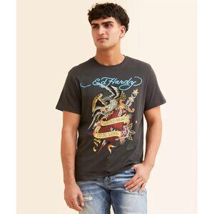 Ed Hardy Eagle Rhinestone Dagger Short Sleeve Tee Pierced Hearts True Love Large